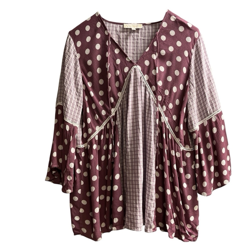 Suzanne‎ Betro Weekend Top Womens 2X Purple Plaid Polka Dot Peasant Blouse Boho